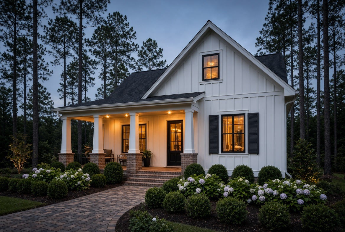 Artist rendering of a white board-and-batten house with a lit porch at dusk, among pine trees.